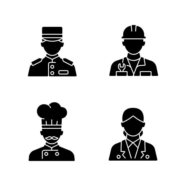 Cruise and hotel staff black glyph icons set on white space Sale