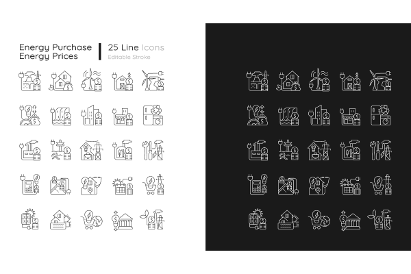 Energy purchase linear icons set for dark and light mode Supply