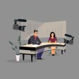 Journalist interviewing flat illustration set Online now