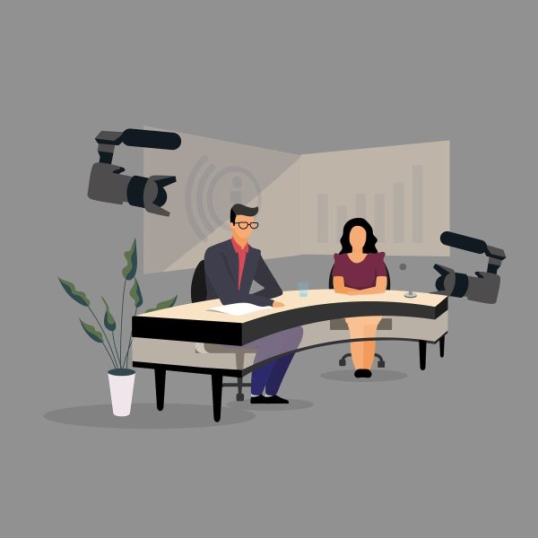 Journalist interviewing flat illustration set Online now