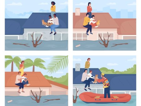 Family trapped on rooftop during flood flat color vector illustrations set Fashion