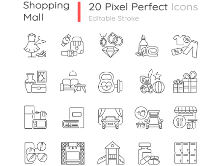 Shopping mall categories pixel perfect linear icons set Online now