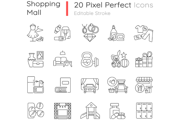 Shopping mall categories pixel perfect linear icons set Online now