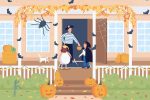 Trick or treat on Halloween flat color vector illustration set Online now