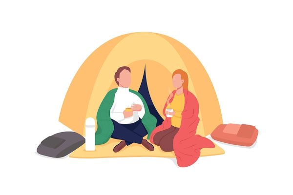 Couple camping in autumn flat color vector illustration set on Sale