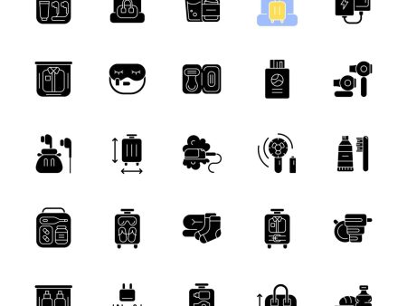 Travel size objects black glyph icons set on white space Discount