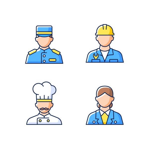 Cruise and hotel staff RGB color icons set For Discount