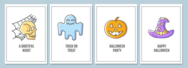 Halloween celebration greeting cards with color icon element set on Sale