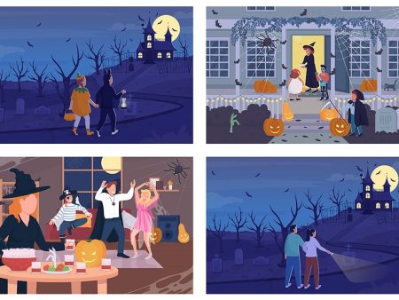 Halloween night celebration flat color vector illustration set Discount