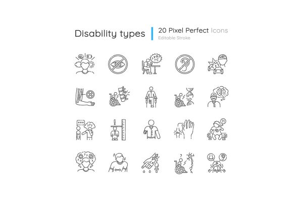 Disability types linear icons set Online Sale