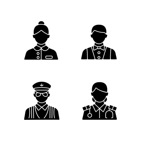 Cruise and hotel staff black glyph icons set on white space Sale