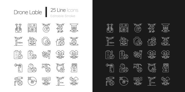 Drone usage linear manual label icons set for dark and light mode Online now