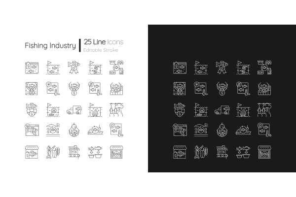 Fishing industry linear icons set for dark and light mode Supply