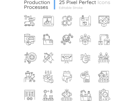 Production process pixel perfect linear icons set Online now