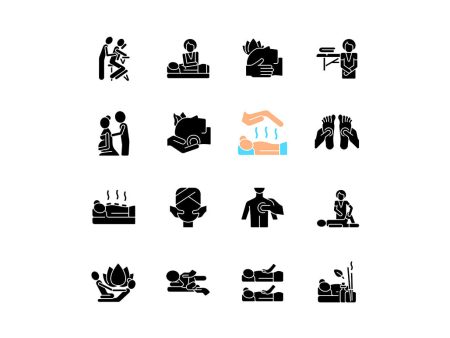 Massage types black glyph icons set on white space Online now