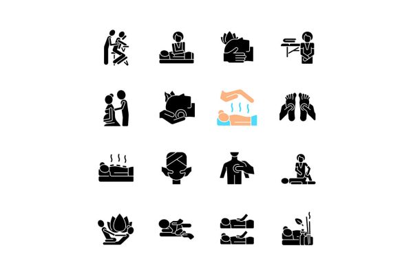 Massage types black glyph icons set on white space Online now