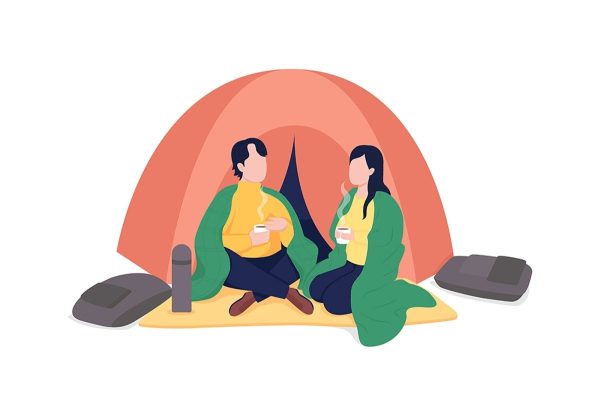 Couple camping in autumn flat color vector illustration set on Sale