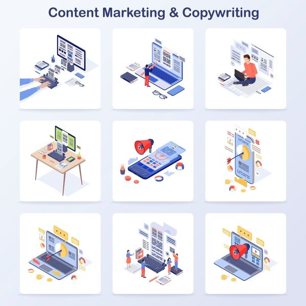 Content marketing & copywriting isometric concept vector icons set Online