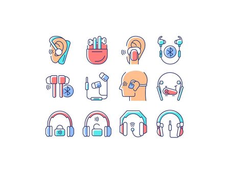 Different types of headphones RGB color icons set Supply