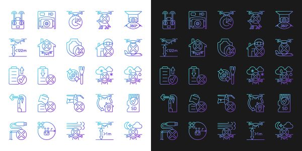 Drone usage gradient manual label icons set for dark and light mode set Online now