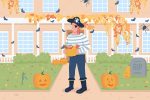 Trick or treat on Halloween flat color vector illustration set Online now