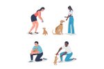 Owners playinh with pets semi flat color vector character set Online now