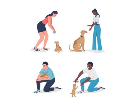 Owners playinh with pets semi flat color vector character set Online now