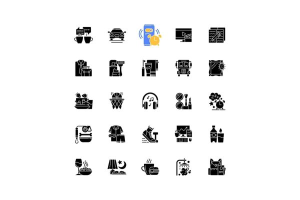 Everyday routine black glyph icons set on white space Online