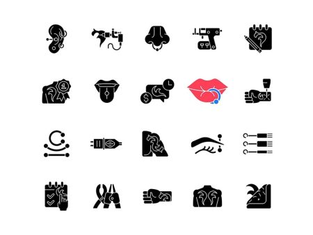 Tattoo and piercing black glyph icons set on white space Discount