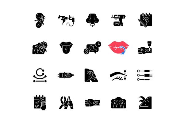 Tattoo and piercing black glyph icons set on white space Discount