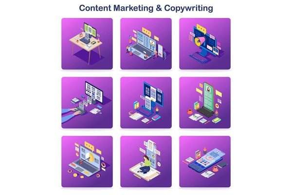 Content marketing & copywriting isometric concept icons set on Sale