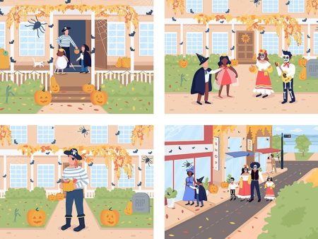 Trick or treat on Halloween flat color vector illustration set Online now