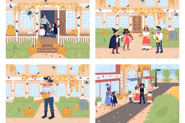 Trick or treat on Halloween flat color vector illustration set Online now