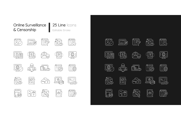 Online surveillance and censorship linear icons set for dark and light mode. Editable Stroke For Cheap