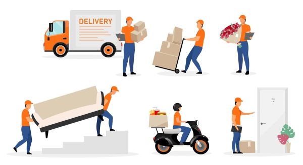 Delivery service workers flat vector illustrations set For Discount