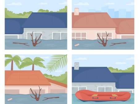 Flooding in urban areas flat color vector illustrations set Discount