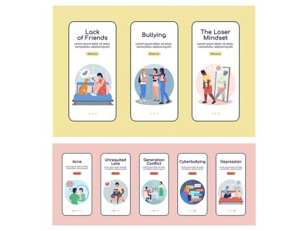 Teen kids problems onboarding mobile app screen vector templates Fashion