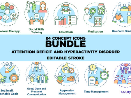 Attention deficit and hyperactivity disorder concept icons bundle Cheap