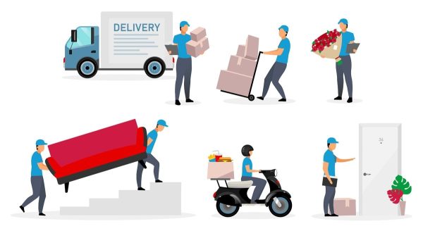 Delivery service flat vector illustrations set Online