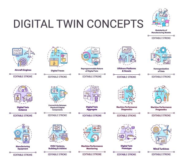 Digital twin concept icons set Online