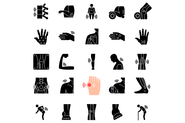 Joints pain black glyph icons set on white space Fashion