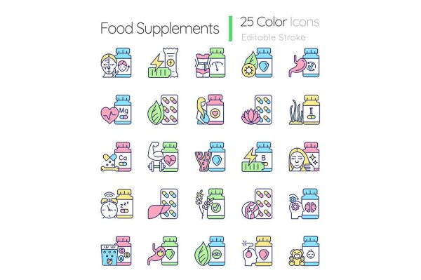 Food supplements RGB color icons set Supply