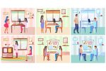 Family visiting nutritionist flat vector illustrations set Cheap