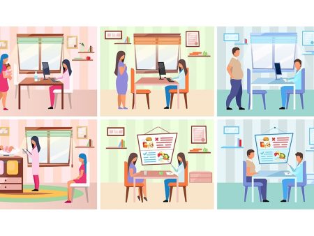 Family visiting nutritionist flat vector illustrations set Cheap