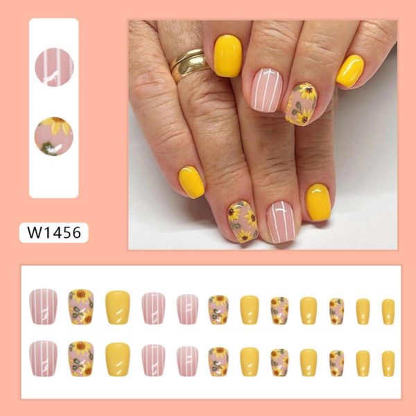 Yellow Press on Nails Short Square Fake Nails Yellow False Nails Vintage Oil Painting with Sunflower Design Stick on Nails Glossy Cute Acrylic Artificial Line Glue on Nails for Women Manicure24pcs Online