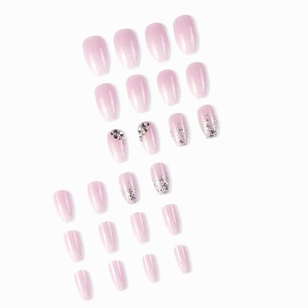 YOSOMK Short Coffin Press on Nails Ombre Pink Fake Nails with Bling Sequins Designs Glossy Stick on Nails Full Cover Glitter Rhinestone Acrylic Nails for Women Online Hot Sale