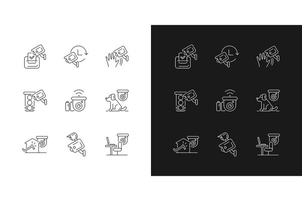 Surveillance and security systems linear icons set for dark and light mode Online now