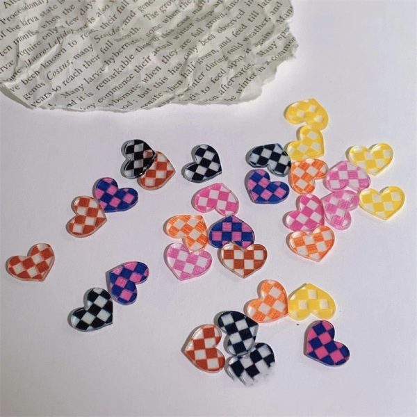 10pcs Chess&Heart Resin Nail Charm Transparent 6Color Black White Plaid Checker Board Loving Heart Shape Nail Decorations #TY7-1 Online now