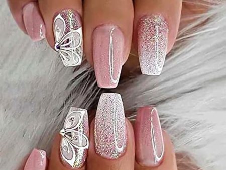 YOSOMMK Gradient Pink Press on Nails Medium Coffin Fake Nails with Flower Rhinestone Designs Glossy Full Cover Stick on Bling Sequins Artificial Acylic False Glue on Nails for Women Online now