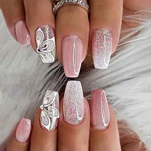 YOSOMMK Gradient Pink Press on Nails Medium Coffin Fake Nails with Flower Rhinestone Designs Glossy Full Cover Stick on Bling Sequins Artificial Acylic False Glue on Nails for Women Online now